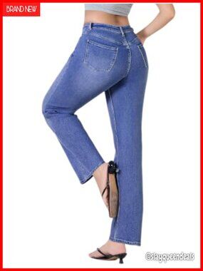 Curvy Straight Leg High Rise Jeans Stretchy Denim Pants Pockets
